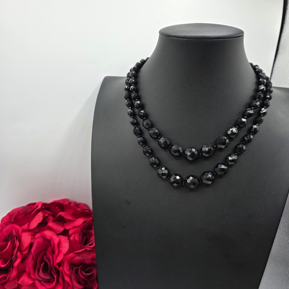 Vintage Bohemian Glass Black Faceted Double Strand Graduated Necklace Old Money